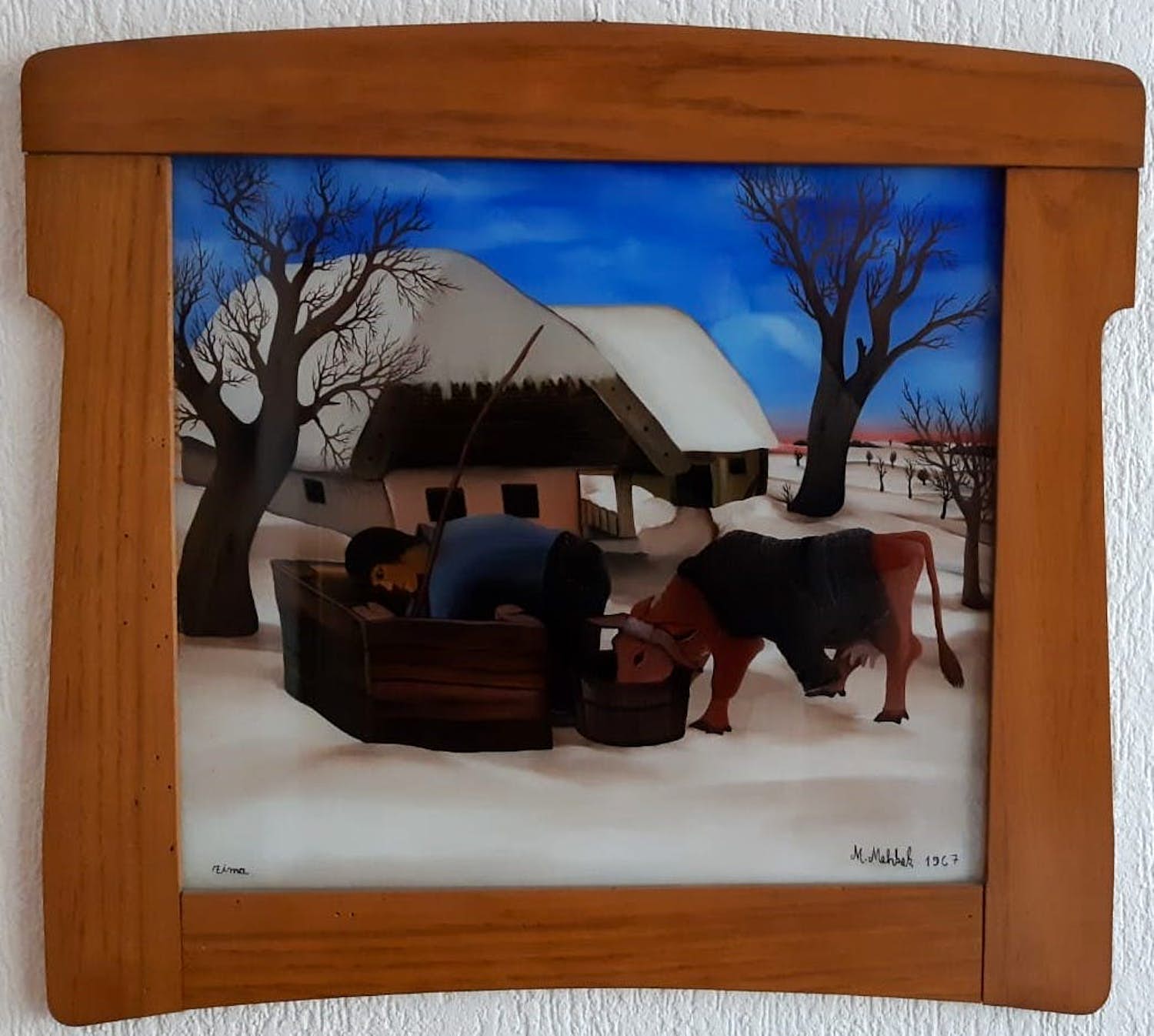 Martin Mehkek - Zima (winter) Boerderij met boer en koe in winterlandschap; naïeve kunst kopen? Bied vanaf 195!