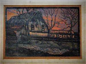 Johanna van Deventer - omstreeks 1920 - Houtsnede/Handdruk - Boerderij bij schemering - gesigneerd kopen? Bied vanaf 5!