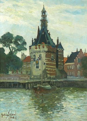 Niet of onleesbaar gesigneerd - Olieverf op paneel, Gezicht op de Hooftoren in Hoorn kopen? Bied vanaf 1!