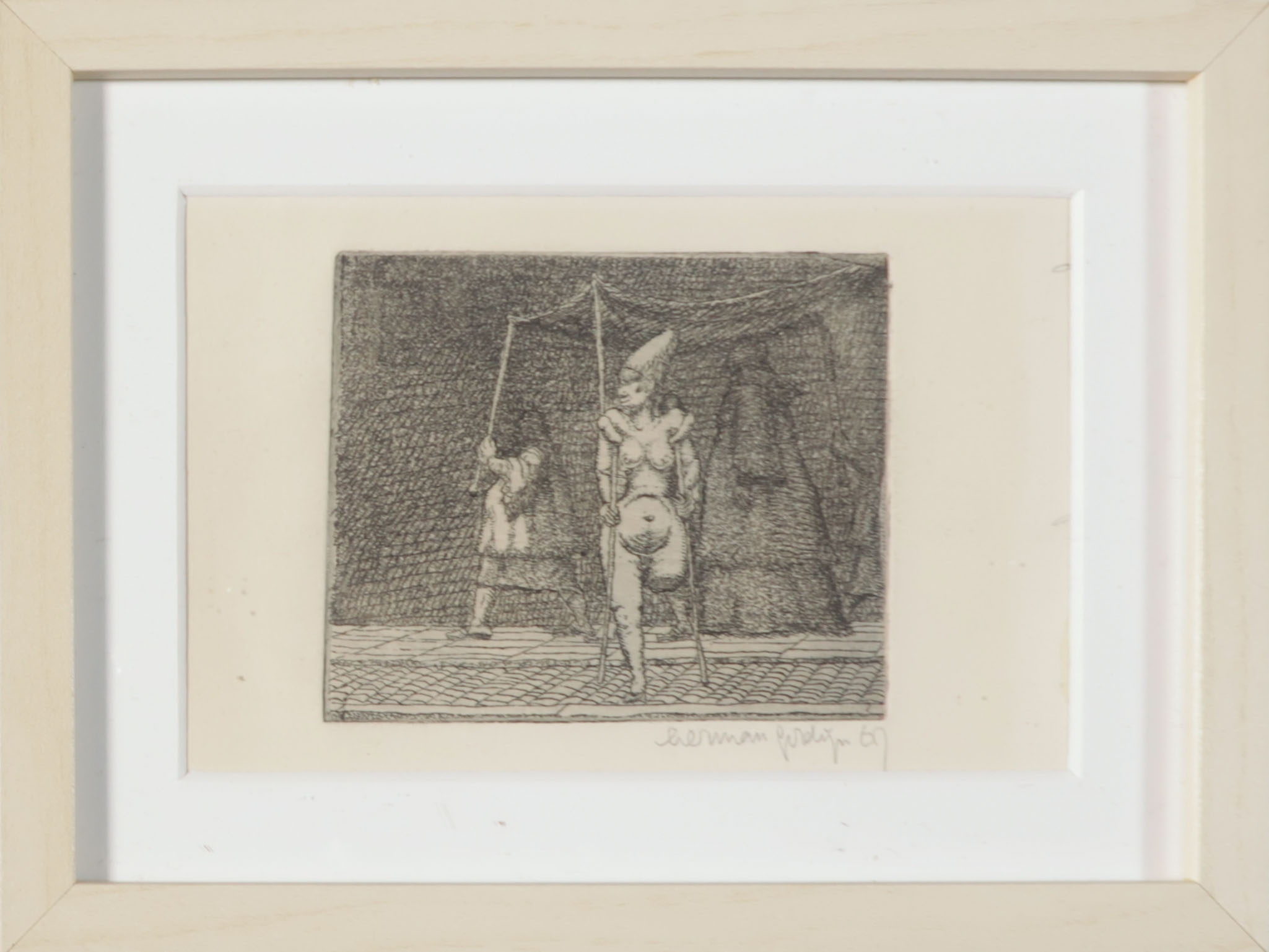 Herman Gordijn - Originele ets, Vrouw met één been en krukken - Ingelijst verkocht voor € 265!