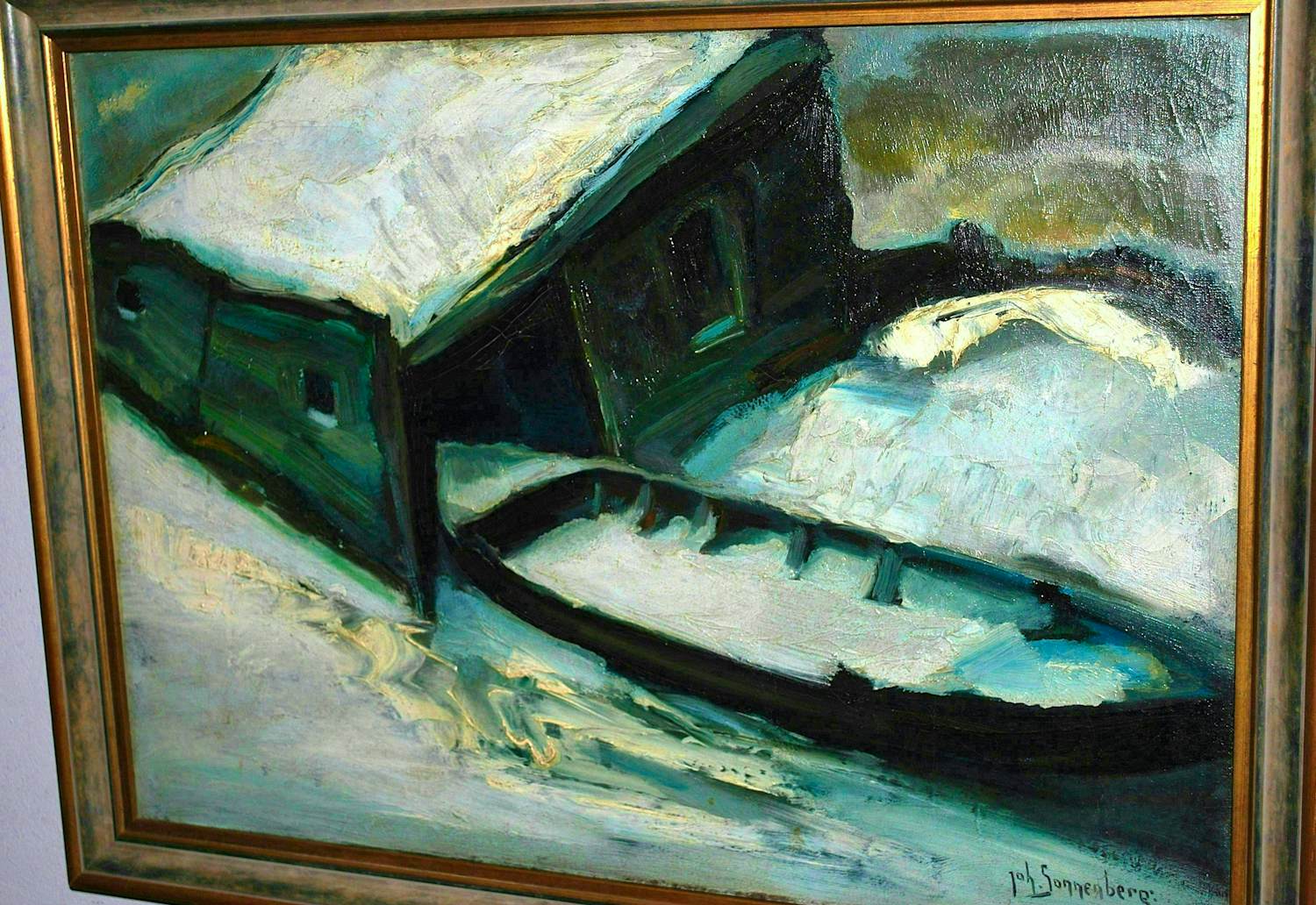 Johan Sonnenberg - botenhuis in de sneeuw - olieverfschilderij uit 1925 kopen? Bied vanaf 295!
