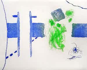 Roger Raveel - Blauw-groen tuingezicht, aquatint ets (netjes ingelijst, kleine oplage) verkocht voor € 525!