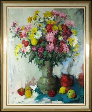 Theodorus van Oorschot - Olieverf op doek, Bloemstilleven - Ingelijst (Groot) verkocht voor € 100!