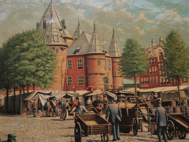 Niet of onleesbaar gesigneerd - Leuk ca. 1920 olieverf "Amsterdam marktdag op Nieuwmarkt" gesigneerd kopen? Bied vanaf 1!