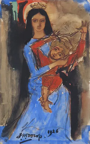 Jan Toorop - Aquarel en gouache op papier, Madonna met kind - Ingelijst kopen? Bied vanaf 2200!