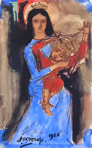 Jan Toorop - Aquarel en gouache op papier, Madonna met kind - Ingelijst verkocht voor € 2200!