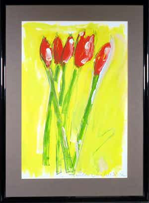 Carlos Blaaker - Acryl op papier, Bloemen - Ingelijst verkocht voor € 50!
