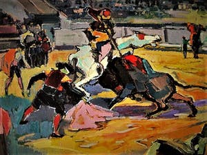 Daniel Wilhelm Bekking - Krachtig en met felle kleuren geschilderd "stierenvechten te Barcelona" - GROOT! kopen? Bied vanaf 120!