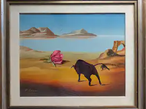 Pier Luigi Cesarini - Scène surréaliste au taureau et à la rose, huile sur toile, 1972 verkauft für € 128!