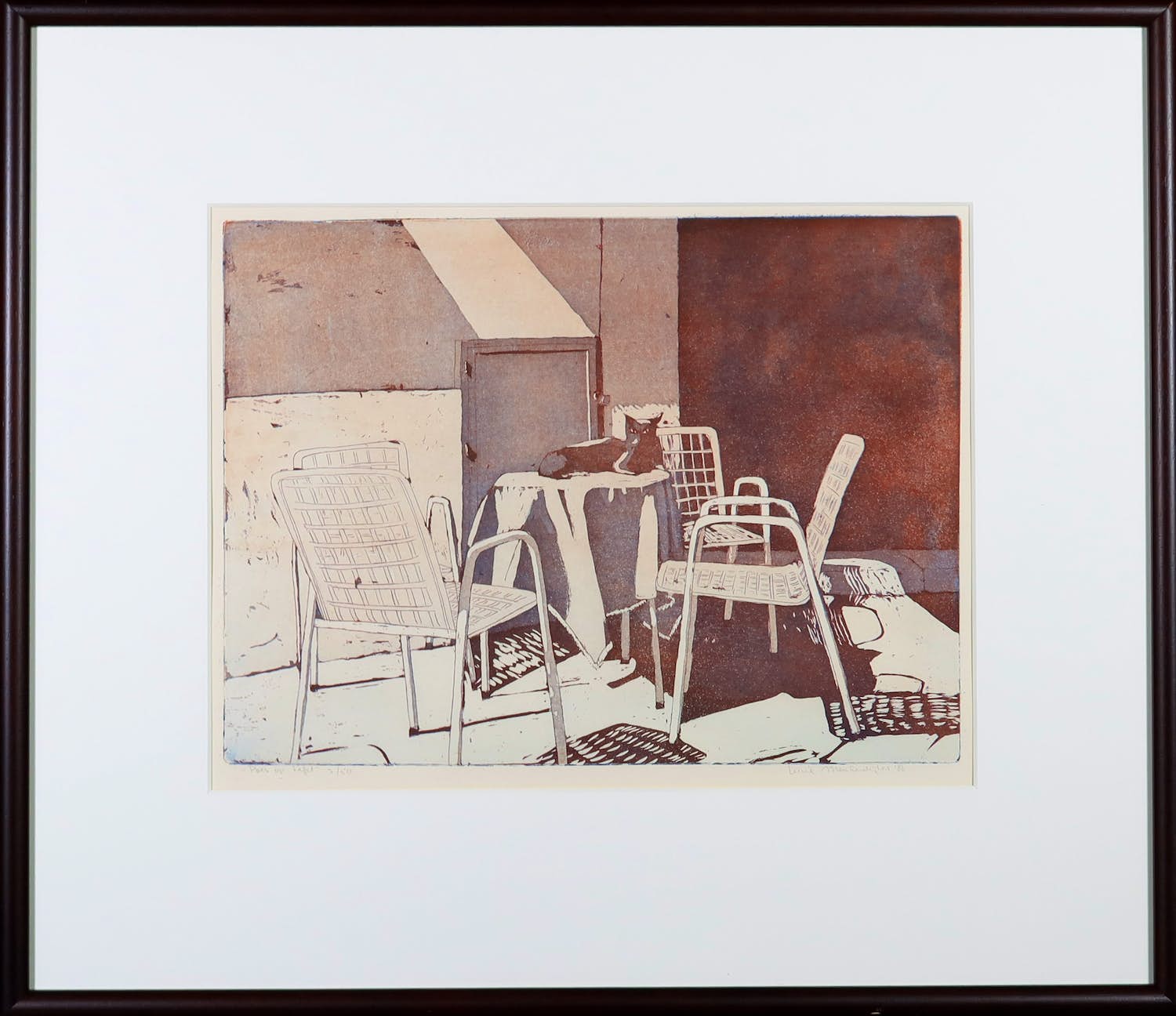 Lucie Meulendijks - Ets en aquatint, Poes op tafel - Ingelijst verkocht voor € 40!