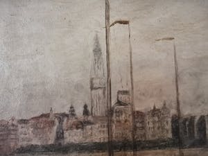 Niet of onleesbaar gesigneerd - Zicht op de jachthaven van Antwerpen met historisch stadscentrum op achtergrond kopen? Bied vanaf 1!