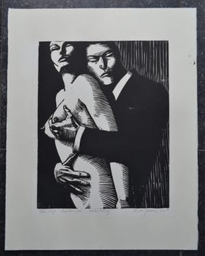 Leon Janssen - Houtsnede 'Omhelzing' - Handgesigneerd kopen? Bied vanaf 1!