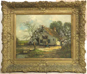 Ed. Stoffels - Olieverf op doek, Boerin op hoeve met bloesembomen kopen? Bied vanaf 150!