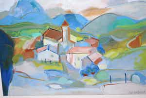 Niek Molenaar - (Grieks) bergdorpje - ingelijste gouache uit 1966 verkocht voor € 125!