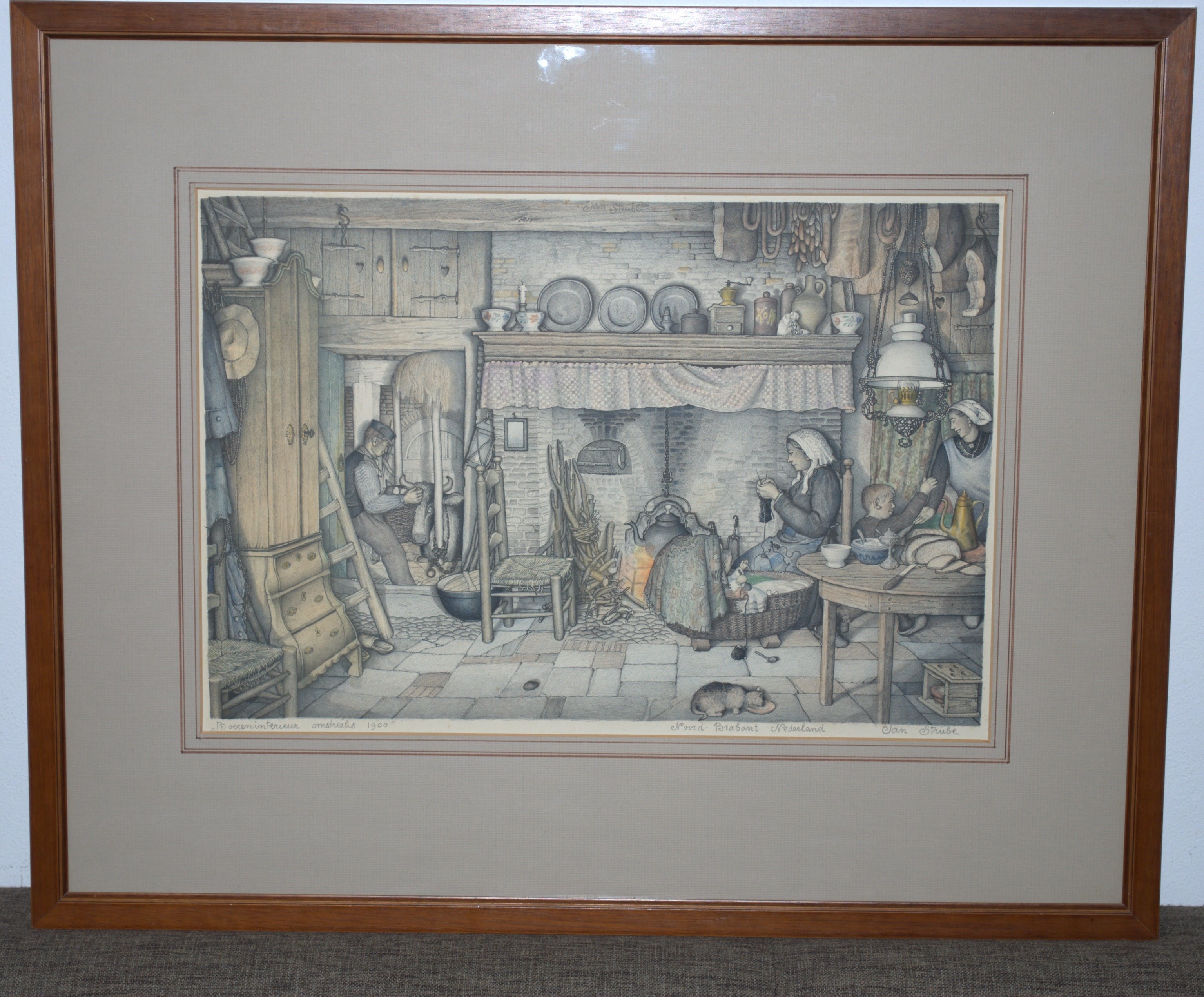 Jan Strube - kleurenlitho_boereninterieur NoordBrabant omstreeks 1900_ kopen? Bied vanaf 55!