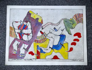 Hannes Postma - Grote handgekleurde reliëf Ets - 1966 - E.A. exemplaar "twee armlengten" kopen? Bied vanaf 58!