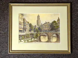 Marius Janssen - Mooie & grote ingekleurde Ets Utrecht bakkersbrug - gesigneerd fraai ingelijst kopen? Bied vanaf 57!