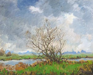 Jan Dekker - Olieverf op hardboard, Regen op Komst, Ingelijst kopen? Bied vanaf 1!