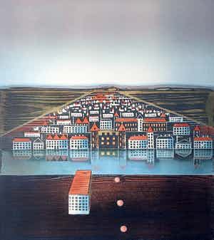 Willem de Vries - Houtsnede | 'Town-centre III' | 1999 verkocht voor € 75!
