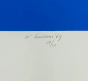 Willem Hussem - Zeefdruk, Compositie met gekruiste lijnen in blauw - Ingelijst kopen? Bied vanaf 200!