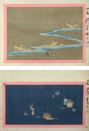 Niet of onleesbaar gesigneerd - Waterverf op zijde, Lot van twee penseeltekeningen kopen? Bied vanaf 1!