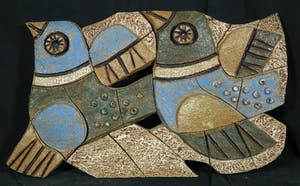 Henk Potters - Twee-luik keramieken wandobject, Vogels met zon (Groot en zwaar) kopen? Bied vanaf 1!