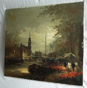 Jan Bevort - Olieverf op doek , Bloemenmarkt Singel Amsterdam – restauratieproject – 70x80 cm kopen? Bied vanaf 75!