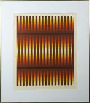 Niet of onleesbaar gesigneerd - Zeefdruk, Abstract-geometrische compositie in bruin, geel en oranje - Ingelijst verkocht voor € 1!