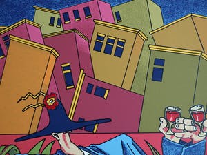 Guido van Driel - Grote ingelijste zeefdruk , ‘Proost, huizen’ - 1990 – 75 x 95 cm. kopen? Bied vanaf 50!