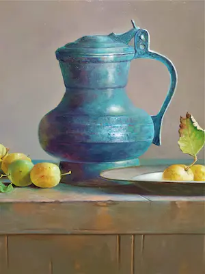 Hans Habraken - Stilleven met blauwe kan en gele pruimen kopen? Bied vanaf 795!
