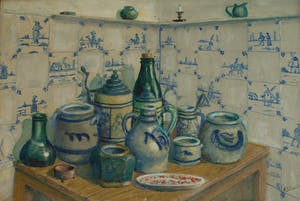 Niet of onleesbaar gesigneerd - Ingelijst, olieverf op board , stilleven “Aardewerk met bierpullen” kopen? Bied vanaf 1!