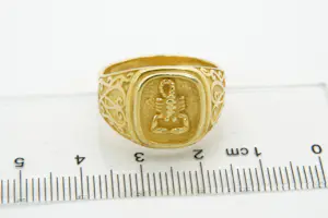 37- Mooi bewerkte, rechthoekige 14krt geel gouden Zodiac ring met schorpioen kopen? Bied vanaf 370!