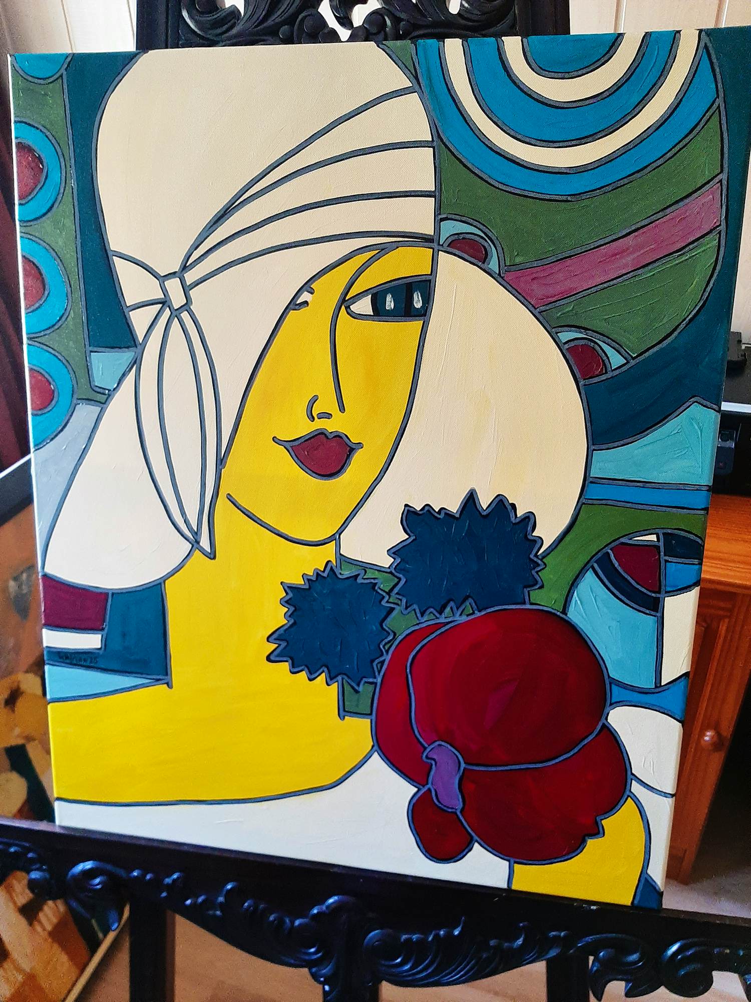 Patricia Kleyman - Acryl op doek. Titel, "Portrait à la capeline blanche". verkocht voor € 160!