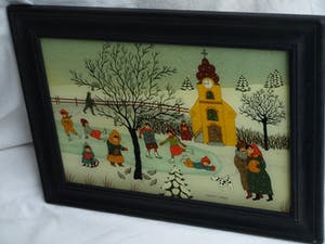 Renate Koblinger-Drobar - Achterglasschildering , Wintergezicht – gesigneerd & ingelijst – ca 1980 kopen? Bied vanaf 1!