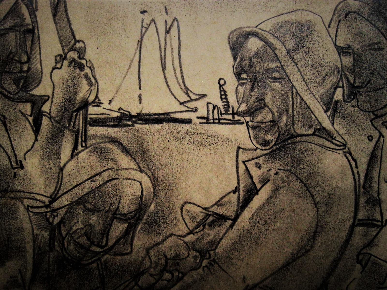 Willem van den Berg - ZELDZAAM! vroege houtskooltekening "Scheveningen -Vissers halen vangst binnen" kopen? Bied vanaf 1!