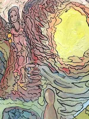 Kees van Es - Landschap met Engel - Olieverf op paneel verkocht voor € 40!