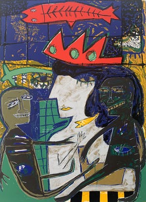 Dodog Soeseno - Kleurenzeefdruk | 'Family with red fish' kopen? Bied vanaf 50!