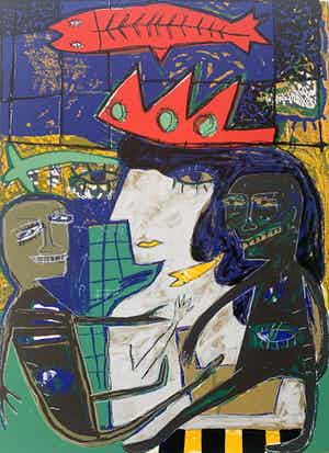 Dodog Soeseno - Kleurenzeefdruk | 'Family with red fish' verkocht voor € 50!