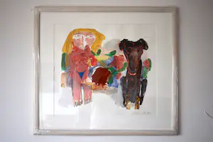 John Lie a Fo - 'Figuur met hond' - Gouache, Prachtig Ingelijst - Groot Werk kopen? Bied vanaf 180!