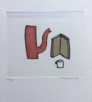 Klaas Gubbels - ets met aquarel ingekleurd - ‘Rode kan met boek’ kopen? Bied vanaf 225!