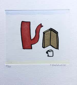 Klaas Gubbels - ets met aquarel ingekleurd - ‘Rode kan met boek’ verkocht voor € 225!