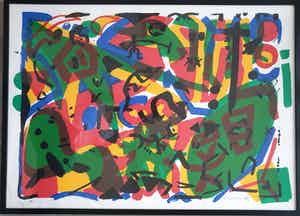 A.R. Penck - "Steckelmannchen" - Groot en kleurrijk - 16/50 - 85 x 115 cm. verkocht voor € 750!