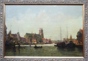 Jan Simon Knikker (sr.) - maroufle (olieverf op doek op paneel) - havengezicht kopen? Bied vanaf 299!