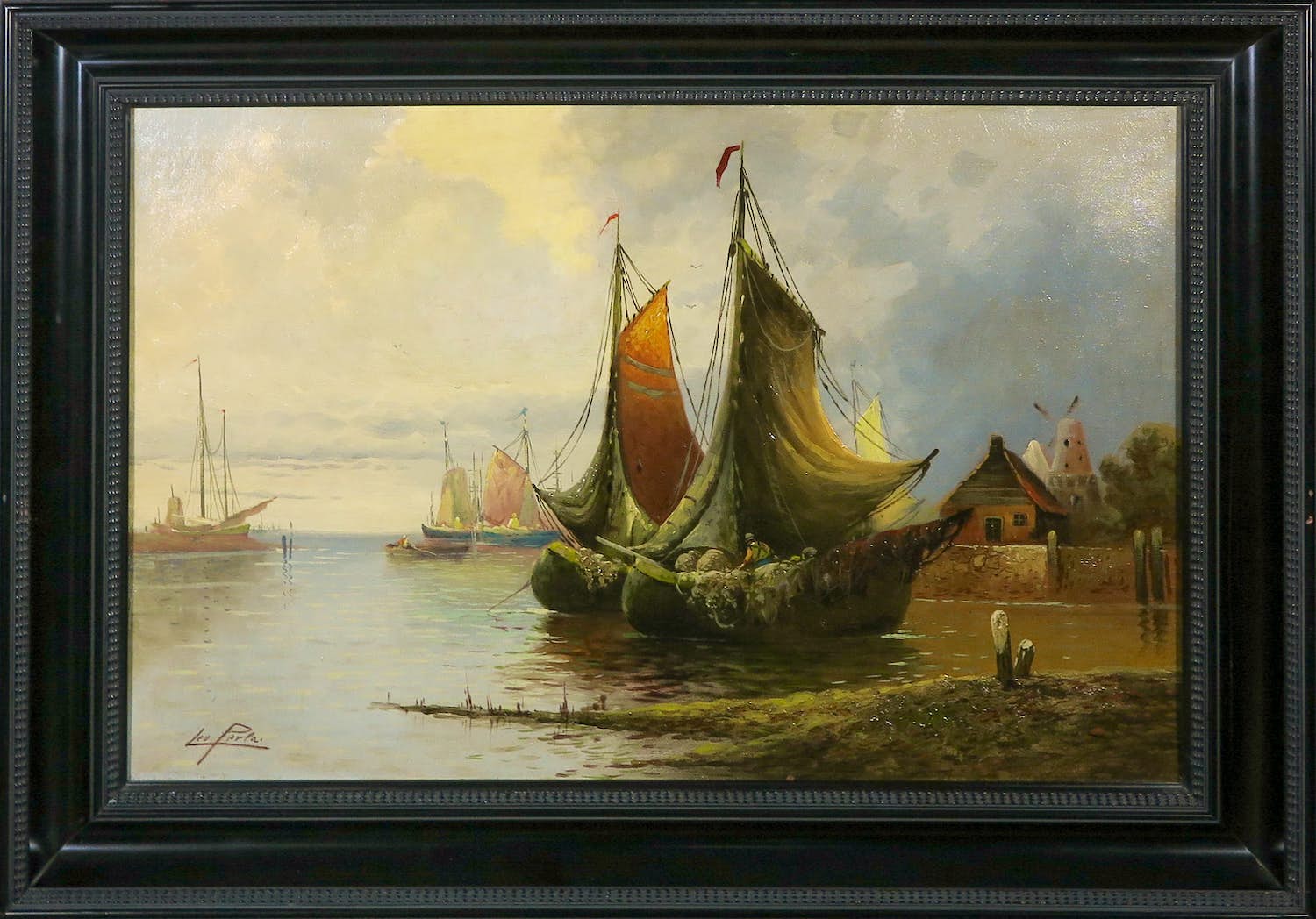 Karl Kaufmann - Olieverf op doek, Vissersboten - Ingelijst verkocht voor € 1!