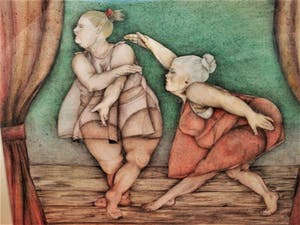 Niet of onleesbaar gesigneerd - Karikaturale & gesigneerde Pasteltekening "Ballerina's" - Fraai ingelijst! kopen? Bied vanaf 1!