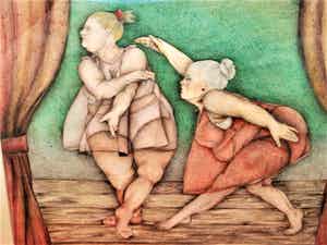 Niet of onleesbaar gesigneerd - Karikaturale & gesigneerde Pasteltekening "Ballerina's" - Fraai ingelijst! verkocht voor € 1!