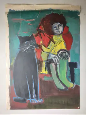 Dick Elffers - Gouache - Vrouw met kat kopen? Bied vanaf 50!