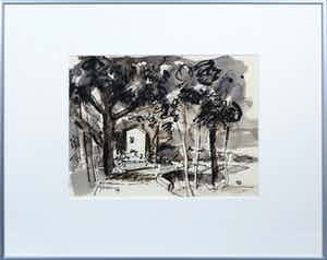 Piet Snoeren - Aquarel met inkt, Huisje in het bod verkocht voor € 1!