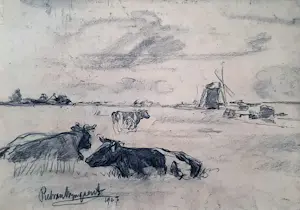 Piet van Wijngaerdt - potloodtekening - Koeien in Hollands landschap - INGELIJST - 25688 kopen? Bied vanaf 185!