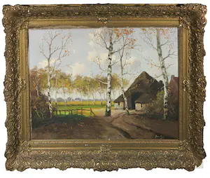 AcheterNiet of onleesbaar gesigneerd - Olieverf op doek, Berkenbomen bij een boerderij - Ingelijst? Enchérissez de 1!